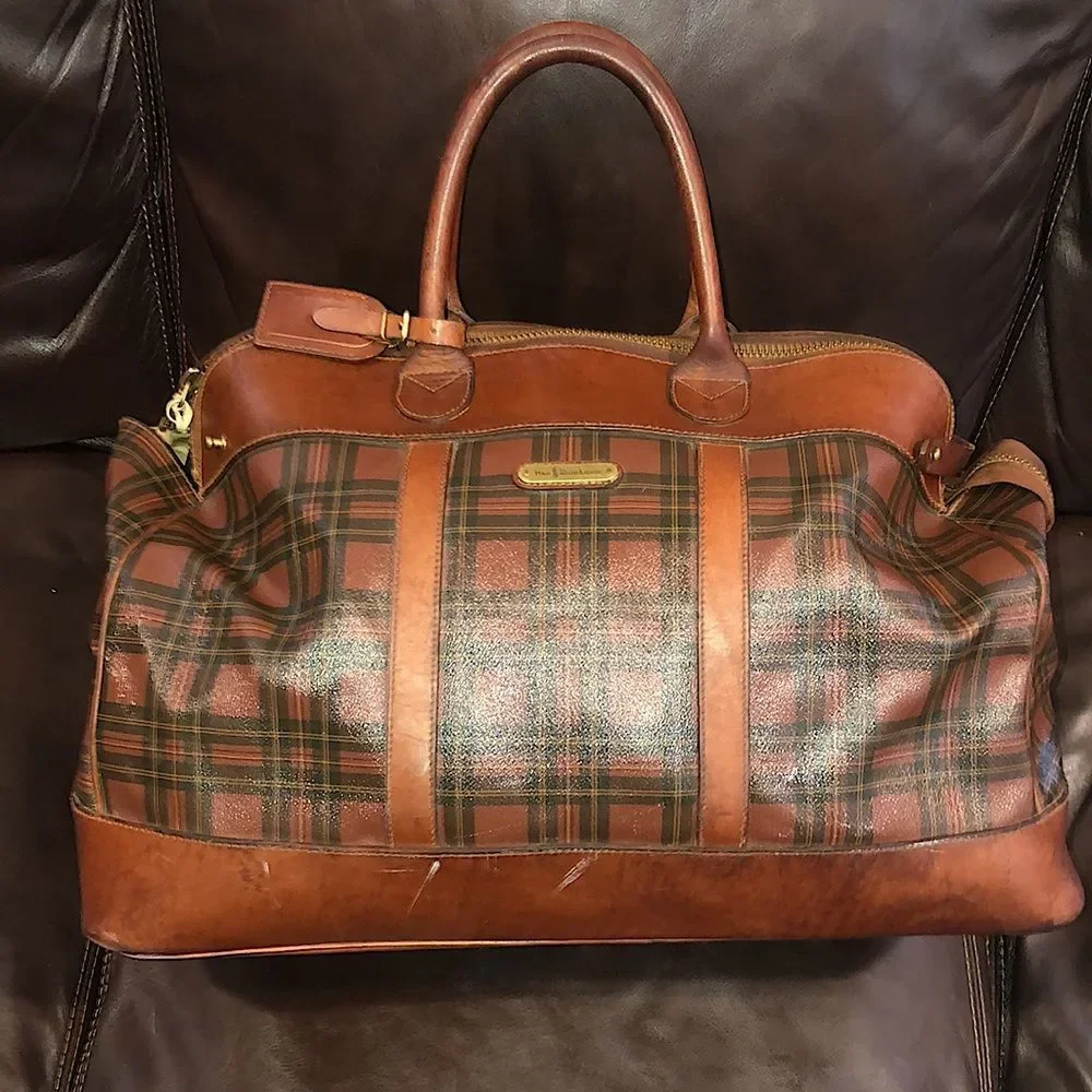 RALPH LAUREN Brown Green Top Handle Tartan Plaid Boston Duffle Travel Bag 55cm